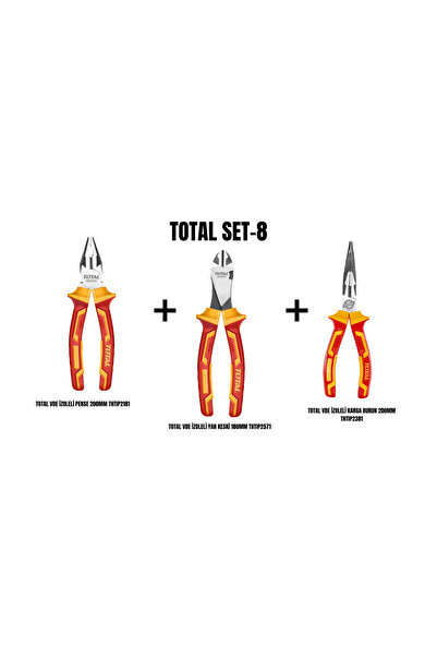 TOTAL Set-8 ( İZOLELİ PENSE 200MM+İZOLELİ YAN KESKİ 180MM+İZOLELİ KARGA BURUN...