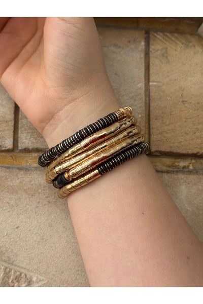 lotusbybuket Boho Style Gold and Black Detailed 5-Piece Stretchy Bracelets