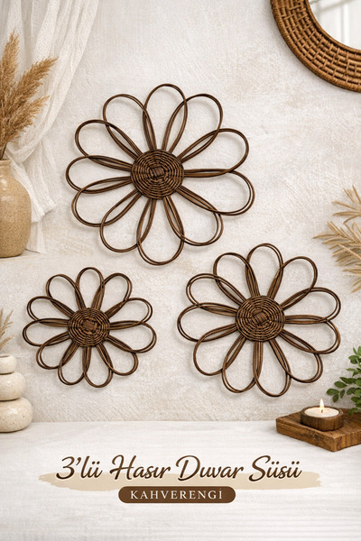 SERRARATTANDESİNG Rattan Çiçek Duvar Süsü – Bohem Hasır Duvar Dekoru Kahveren...