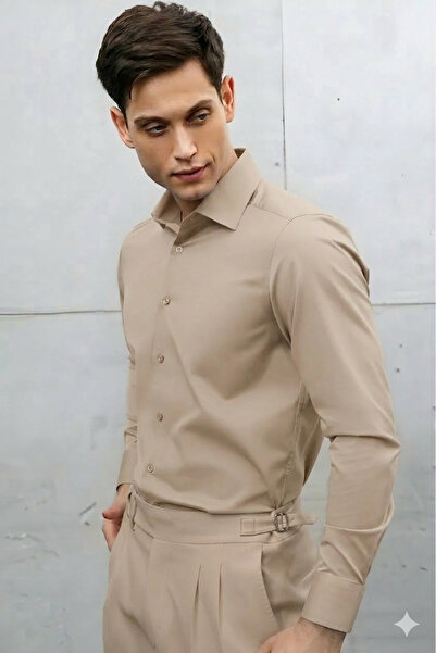 cathe cat Cotton Satin Slim Fit Long Sleeve Easy-Iron Breathable Texture Tie-...