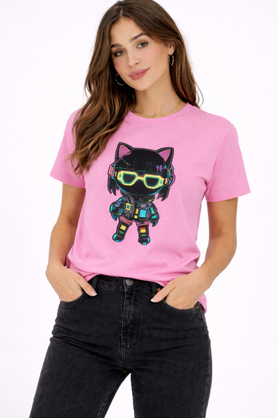 ship master Women's Neon Cyberpunk Cat Character Printed Pink T-Shirt 100% Co...