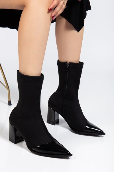 Delroshine Women's Black Stretch Patent Leather Ankle Mid-Heel Boots