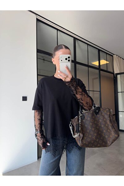 BB Bensu Buyruk KOLLARI dantelă TRICOU OVERSIZE NEGRU