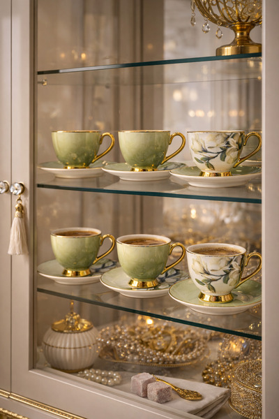 COCEM طقم فناجين قهوة فاخر من البورسلين الأخضر لـ 6 أشخاص بنقشة زهور