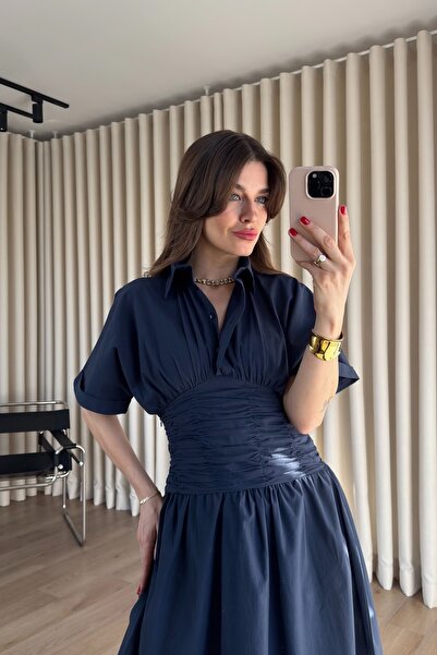 Sue Store Rochie bleumarin guler de cămașă cu drapaj în talie