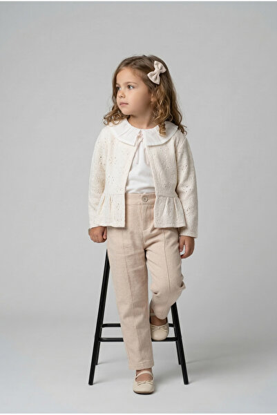 Minipomes Set cardigan și cămașă pentru fetițe cu in pantaloni, bej