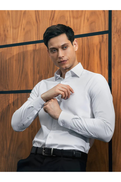 cathe cat Cotton Satin Slim Fit Long Sleeve Easy-Iron Breathable Texture Tie-...