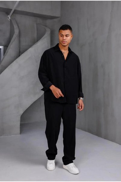 More Black Men's Black Basic Oversized Shirt Set