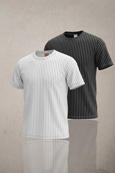 Altamira Ανδρικό Λευκό Μαύρο Σετ Κρεπ Υφασμάτινα Casual Ριγέ T-shirts