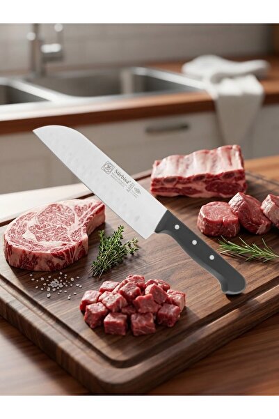 AKYUZHOME Sürmene Şef Aşçı Bıçağı Profesyonel Oluklu Santoku Bıçağı 31 cm Pim...