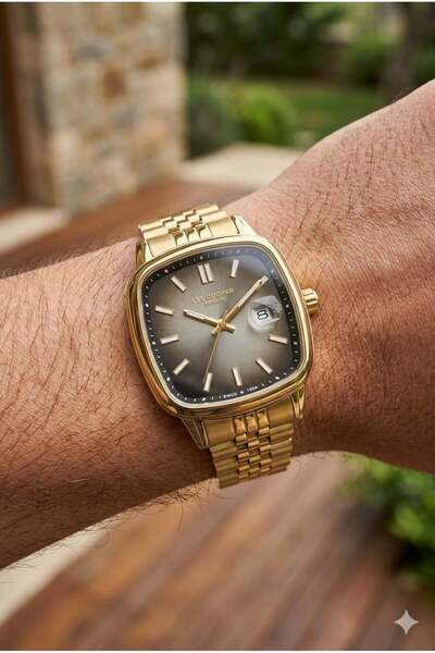 Lee Cooper Gold Square Case Men's Wristwatch |   40 mm Steel Case, Gold Steel...