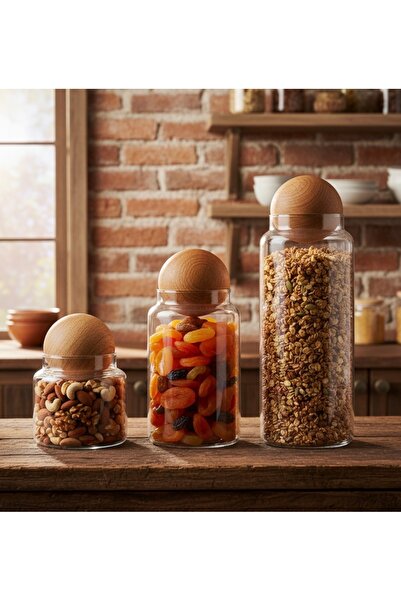 Rembox Premium 3-Piece Glass Jar Set – Heavy Solid Wood Ball Lid, Kitchen & S...