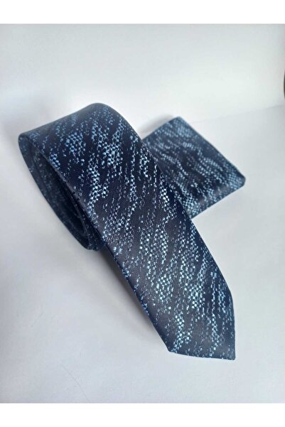 Kravatistan Navy Blue Patterned Thin Tie Handkerchief Set 5.5cm