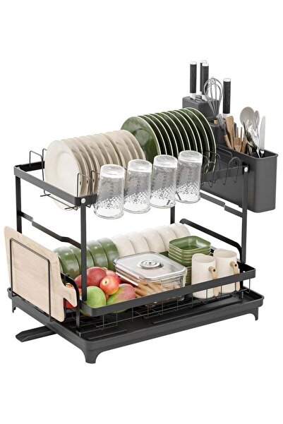 Arabest رف تجفيف الأطباق، رفان للأطباق من طبقتين لسطح المطبخ، مع لوح تصريف وح...