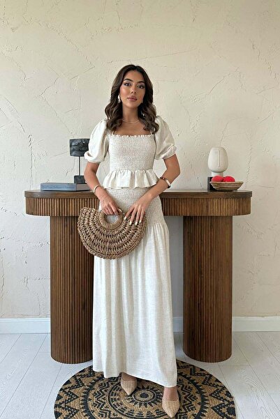 LOKADI Women's Linen Look Gipe Detailed Square Neck Peplum Blouse and Maxi Sk...