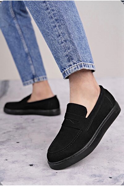 TUGERDİ Black Suede Belted Laceless Lightweight High Black Sole Style Men's S...