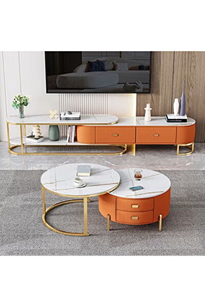 KEKE Light Luxury Modern Round Coffee Table 70cm Orange White Rock Plate Smal...