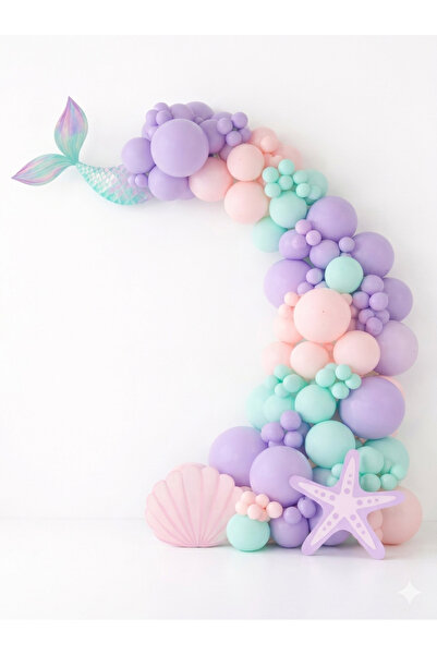 party mix Deniz Kızı Balon Zinciri 65'li Makaron Balon Lila Pembe Mint Kız Ço...