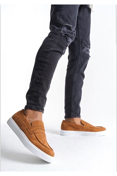 TUGERDİ Taba Suede Belted Laceless Lightweight High Sole Style Men's Shoes Tg...
