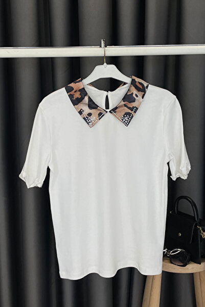 Chamakh ياقة قميص طبعة الفهد مرصّع بالأحجار تيشيرت - إكرو EKRU