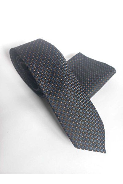 Kravatistan Navy Blue Patterned Thin Tie Handkerchief Set 5.5cm