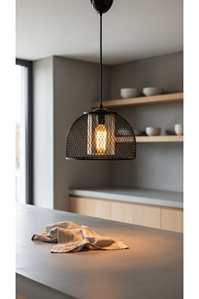 Decodelight Siyah Hasır Yarım Küre Tel Model Metal Bal Renk Camlı Tekli Sarkı...