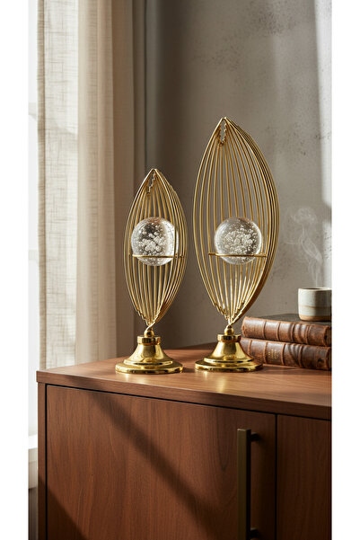 Decodelight Gold Metal Ayaklı Yelken Model Baloncuk Kristal Camlı 2'li Ev Aks...