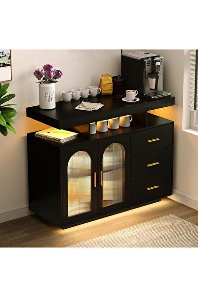 NKX خزانة ركن القهوة مع مساحة تخزين، بوفيه جانبي بثلاثة أدراج وبابين، طاولة ت...