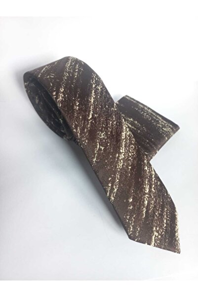 Kravatistan Brown Patterned Thin Tie Handkerchief Set 5.5cm