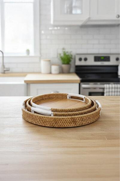 Vadi Wicker Weave Round Presentation Tray Set of 3 White Detailed Brown