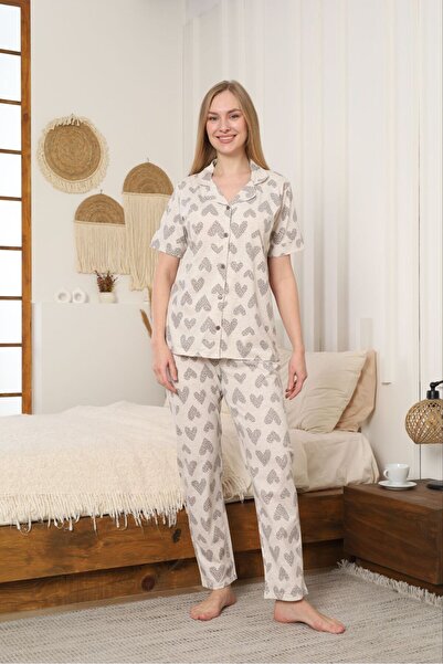 FAMES PİJAMA Summer Combed Cotton Lycra Women's Buttoned Pajama Set