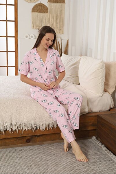 FAMES PİJAMA Pink Rabbit Shirt Collar Pajama Set 14032026Ms