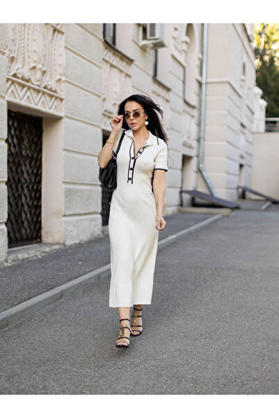 MODAMERSİ Women's Ecru Corded Fabric Long Striped Detail Polo Neck Knit Dress