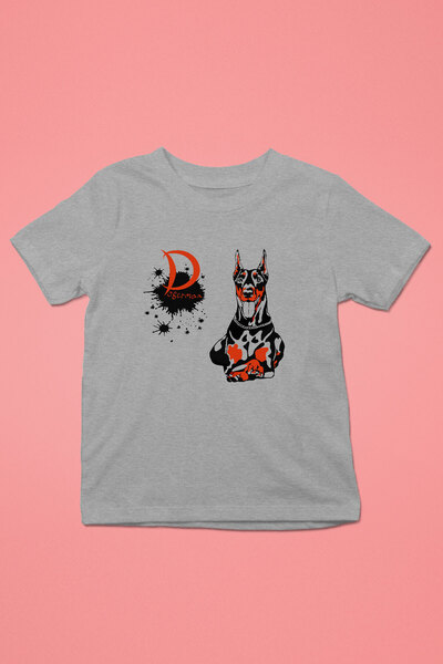 Doberman - Köpek Baskılı Unisex Gri Melanj Çocuk Tişört - T-Shirt CT006