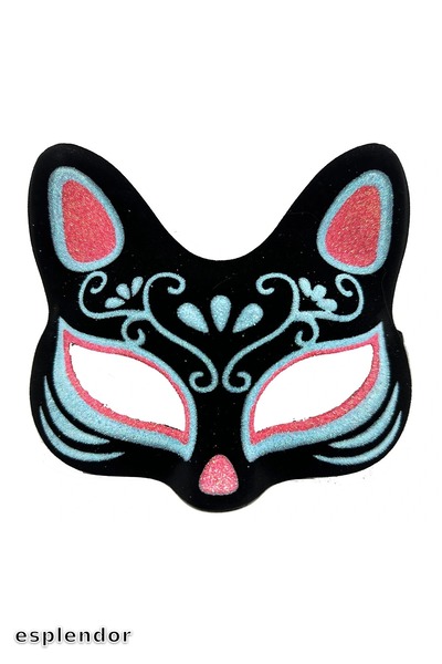 esplendor قناع قطة أسود من جلد الغزال باللون الأزرق والأحمر اللامع