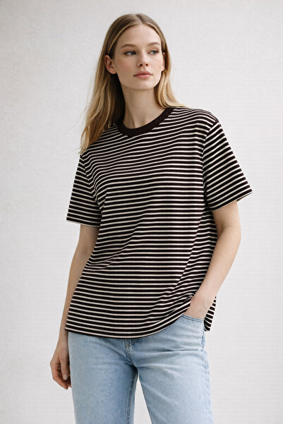 Polo State Γυναικείο T-Shirt Basic oversized Ριγέ – Σκούρο Καφέ Εκρού