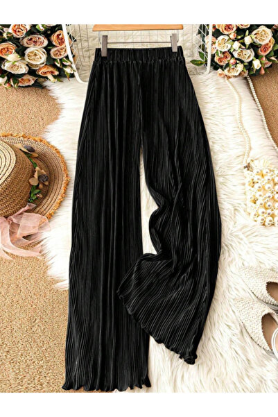 Arfami Women's Black Pleated Trousers High Waist Elastic Comfortable Cut Styl...