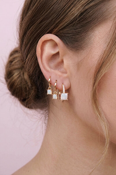 Sacce Scarves&Accessories Kare Taşlı Halka Küpe Seti – Zirkon Taşlı 3'lü Komb...