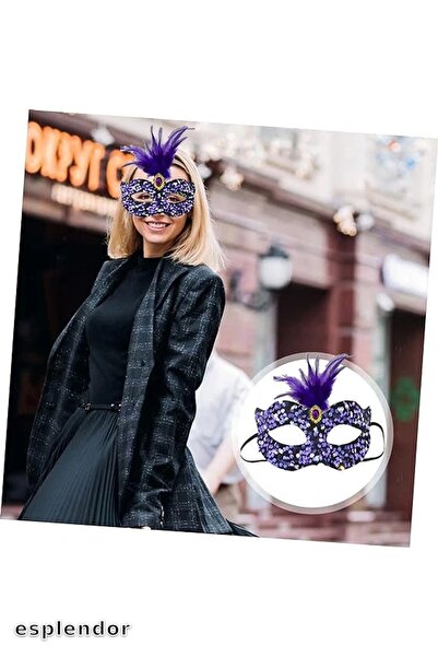 esplendor قناع الحفلات باللون الأسود المخملي المطرز بالترتر والأرجواني