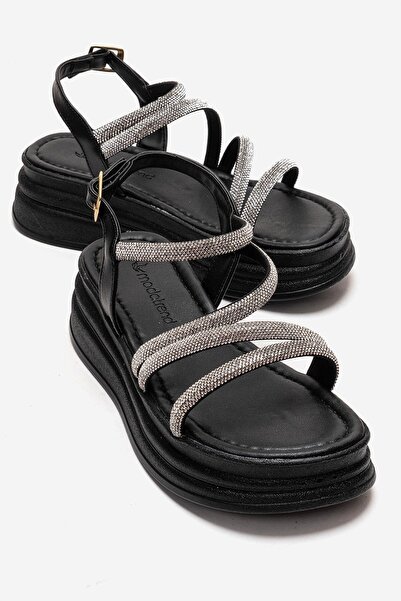 CCWAY AYAKKABI Women's 4 Zigzak Stones Piped Elastic Sandals Black