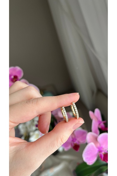 ATELİER GİZEM Xuping kadın kararmaz taşlı oval halka çelik 14k gold çelik küpe