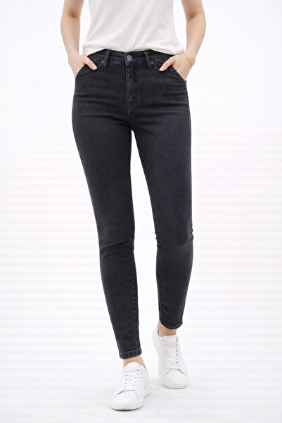 Butik Şans بنطلون دبل تي تي ذو خصر مرتفع وساق ضيقة قماش قابل للتمدد أنثراسايت...