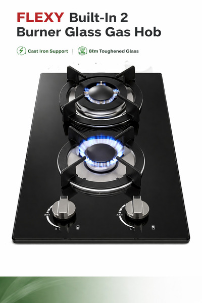 flexy موقد غاز زجاجي مدمج بشعلتين مع إشعال تلقائي، ودعامة من الحديد الزهر، وز...