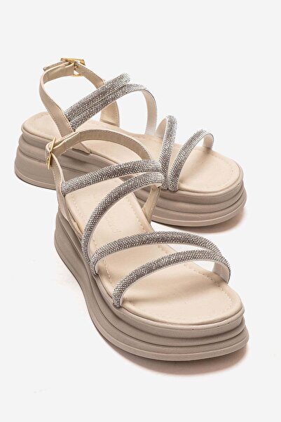 CCWAY AYAKKABI Women's 4 Zigzak Stones Piped Elastic Sandals Beige