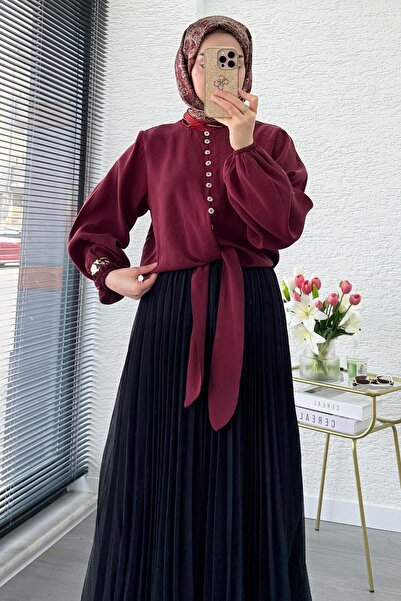 MELEK ARAZ Premium Hakim Yaka Μπλούζα με Λαιμόκοψη Με δέσιμο Μοντάλ - Βουργου...