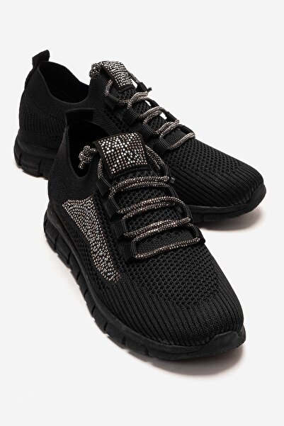 CCWAY AYAKKABI Women's Knitwear Stoned Lace-Up Shoes Black Black