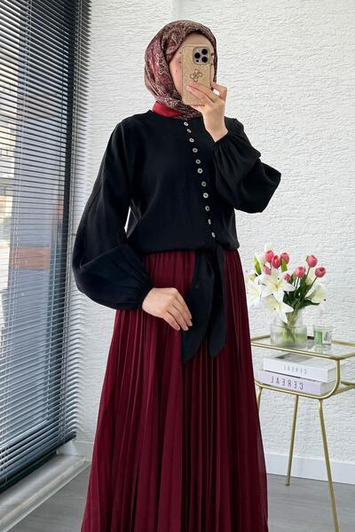 MELEK ARAZ Premium Hakim Yaka Μπλούζα με Λαιμόκοψη Με δέσιμο Μοντάλ - Μαύρη