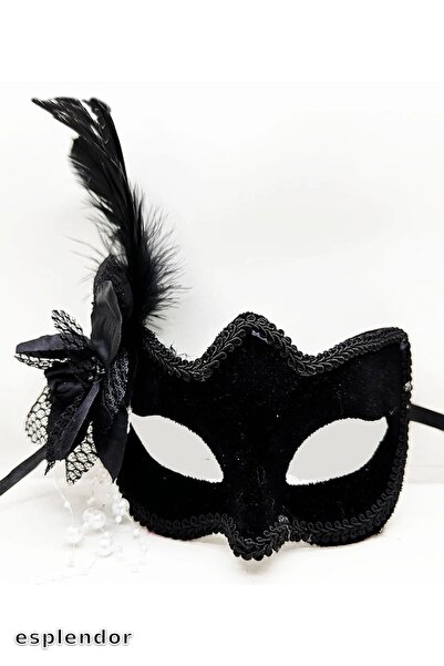 esplendor قناع حفلة من جلد الغزال الأسود مع ريش جانبي لؤلؤي