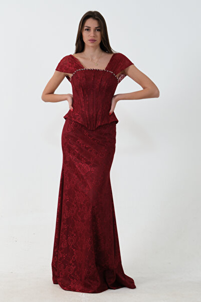Feminist Korse Detaylı Dantel Kapamalı Düşük Omuz Abiye Bordo 9705791