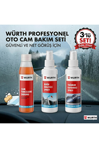 Würth Profesyonel Oto Cam Bakım 3’lü – Cam Temizleme, Buğu Önleyici ve Yağmur...